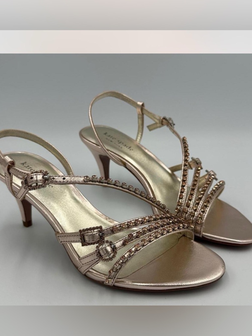 kate spade Metallic Rose Gold Crystal Strappy Heels